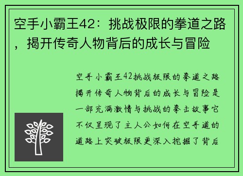 空手小霸王42:挑战极限的拳道之路,揭开传奇人物背后的成长与冒险 空手小霸王42:挑战极限的拳道之路,揭开传奇人物背后的成长与冒险